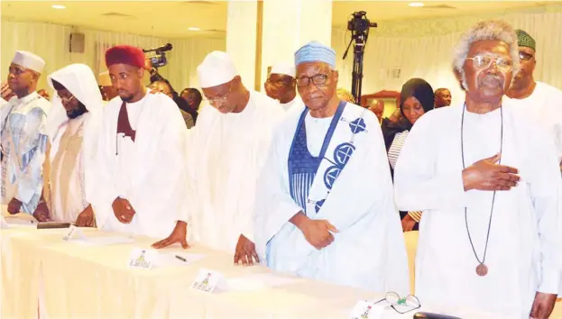  ?? Photo: NAN ?? From right: Dr. Paul Unongo; Prof. Ango Abdullahi; Dr Usman Bugaje; Deputy Imam Abuja National Mosque, Dr. Ibrahim Maqari; National Chairman Jibwis Nigeria, Sheikh Abdullahi Bala Lau; and former governor of Sokoto State, Aliyu Wamakko, during a meeting between some members of the Northern Leaders of Thought with the Acting President Yemi Osinbajo at the Presidenti­al Villa in Abuja yesterday