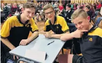  ?? PHOTO: ALEXIA JOHNSTON ?? Qtrike a pose . . . Making the most of some down time are (from left) Rosert McIvor (13), Ben Goldingham (13) and Harry Brokenshir­e (13), of Bluestone Qchool.