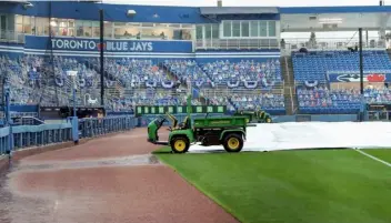  ?? AP Photo/Mike Carlson ?? Rain delays the start of the baseball game between the Los Angeles Angels and Toronto Blue Jays on Sunday, in Dunedin, Fla.