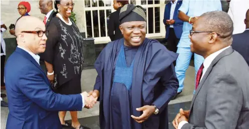  ?? Photo: LSG ?? Lagos State Governor, Mr. Akinwunmi Ambode (middle), with President of Ford Foundation, Mr. Darren Walker (left) and Regional Director, West Africa, Ford Foundation, Mr. Innocent Chukwuma (right) during the courtesy visit by Ford Foundation President...