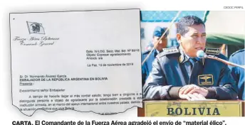  ?? CEDOC PERFIL ?? CARTA. El Comandante de la Fuerza Aérea agradeió el envío de “material élico”.