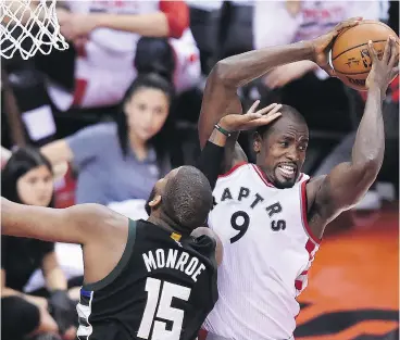  ?? NATHAN DENETTE / THE CANADIAN PRESS ?? Even more recent Raptors’ player additions, like Serge Ibaka, can’t figure why out the club plays so poorly in opening games of the NBA playoffs.