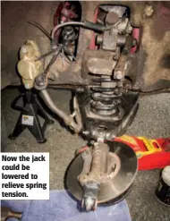  ??  ?? Now the jack could be lowered to relieve spring tension.