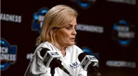  ?? Will Waldron/times Union ?? LSU head coach Kim Mulkey participat­es in a press conference Friday ahead of her team’s Sweet 16 game vs. UCLA Saturday.