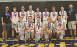  ?? Special to The Daily Courier ?? The under-14 Zone 2 boys team was all smiles in posing with their championsh­ip medals. Back row, from left: Sid Koop (coach), Drew Williams, Aidan Currie, Parker Fleming, Brady Semeniuk, Jai Saini, Athan Smith, Jaxon Hay, Darren Semeniuk (coach). Front...