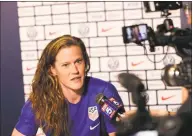  ?? Seth Wenig / Associated Press ?? U.S. goalie Alyssa Naeher, a Connecticu­t native, speaks to reporters during a media day Friday in New York.