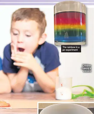  ??  ?? The rainbow in a jar experiment
Children making a volcano