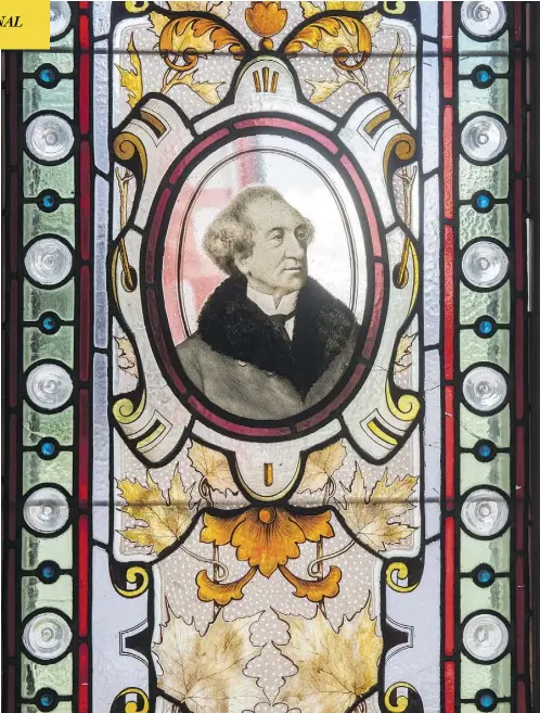  ?? TYLER ANDERSON / NATIONAL POST ?? A one-of-a-kind stained-glass window featuring an image of Sir John A. Macdonald in Meaford, Ont.
