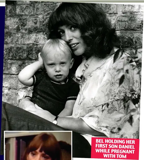  ??  ?? BEL HOLDING HER FIRST SON DANIEL WHILE PREGNANT WITH TOM Before tragedy struck: Bel and Daniel in 1975 and (inset) being interviewe­d about the loss of her second son for a midwife training film