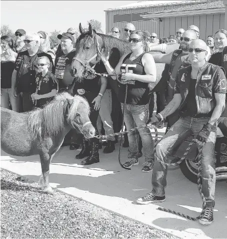  ?? NICK BRANCACCIO ?? Iron Horse Motorcycle Club president Stacy King, right, holds a pony while posing with club members and friends at the start of Windsor-Essex Therapeuti­c Riding Associatio­n’s annual Hogs for Horses fundraiser on Sunday. The event has been held for...