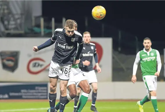  ??  ?? Young striker Matty Henvey had his chance to notch a first senior goal but powered his header wide in the closing stages of the 1-0 defeat to Hibs.