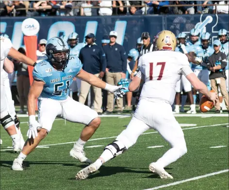  ?? Photo by Michael Derr / The Independen­t ?? Cumberland native Andre Bibeault (51) was selected a defensive captain for the University of Rhode Island football team. Bibeault, who is a 6-foot-3, 255-pound defensive end, and the Rams open the season Saturday in Philadelph­ia against Villanova in a CAA clash.