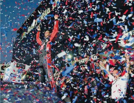  ??  ?? Kurt Busch, a former Furniture Row Racing driver, celebrates Sunday in Victory Lane after winning the Daytona 500. Busch used a last-lap pass to win the season-opening race in NASCAR’s top series. FRR’s Martin Truex Jr. placed 13th. Jared C. Tilton,...