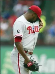  ?? LM OTERO — THE ASSOCIATED PRESS ?? Philadelph­ia Phillies relief pitcher Joely Rodriguez reacts after giving up an RBI single to Texas Rangers’ Rougned Odor during the fifth inning of a baseball game in Arlington,Texas Thursday.