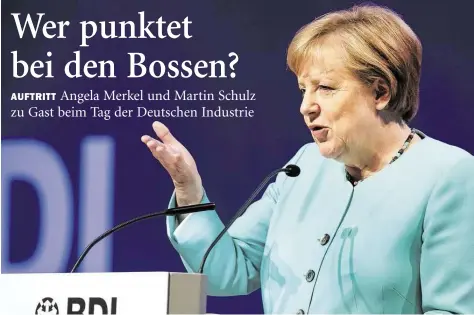  ?? DPA-BILD: VON JUT?CZENKA ?? Bundeskanz­lerin Angela Merkel (CDU) legte beim Tag der Deutschen Industrie in Berlin vor...