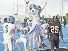  ?? ?? Dr. Joaquin Garcia’s Jayden Morton celebrates a touchdown against John I. Leonard on Wednesday.