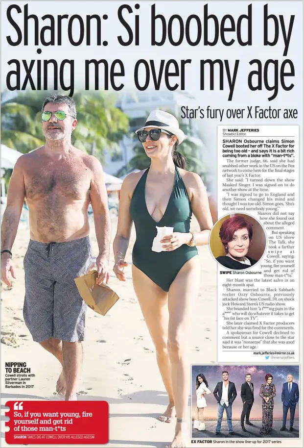  ??  ?? NIPPING TO BEACH Cowell strolls with partner Lauren EX FACTOR