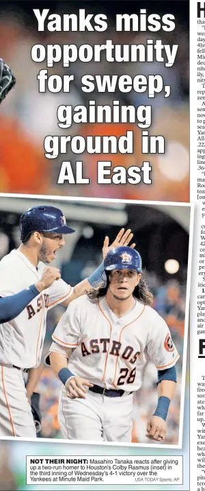  ?? USA TODAY Sports; AP ?? NOT THEIR NIGHT: Masahiro Tanaka reacts after giving up a two-run homer to Houston’s Colby Rasmus (inset) in the third inning of Wednesday’s 4-1 victory over the Yankees at Minute Maid Park.