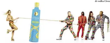  ??  ?? Sotto, Jeremy Scott, al centro, con, da sinistra: Golden Barbie, Wizkid, Thando Thabethe e River Viiperi in un’immagine della campagna di vodka Cîroc