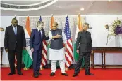  ?? JONATHAN ERNST/AP ?? (From left) U.S. Defense Secretary Lloyd Austin, Secretary of State Antony Blinken, India’s Defense Minister Rajnath Singh and Foreign Minister Subrahmany­am Jaishankar held a “2+2 Dialogue” at the foreign ministry in New Delhi, India, on Friday.