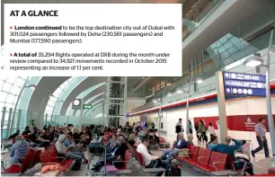  ?? — AP ?? > London continued to be the top destinatio­n city out of Dubai with 301,024 passengers followed by Doha (230,561 passengers) and Mumbai (177,590 passengers). > A total of 35,294 flights operated at DXB during the month under review compared to 34,921...