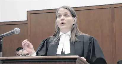  ?? CANADIAN PRESS/HO-CBC ?? In this image grab, Sharlene Telles-Langdon, a lawyer for the Attorney General of Canada, addresses the Saskatchew­an Court of Appeal in Regina, Thursday. Telles-Langdon says greenhouse gases cannot be distinguis­hed from province to province once they are emitted into the air.THE