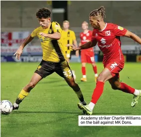  ??  ?? Academy striker Charlie Williams on the ball against MK Dons.