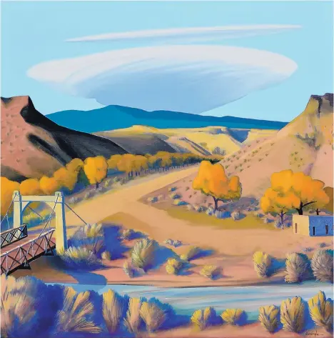  ??  ?? The Santa Fe Opera commission­ed Dan Namingha to create its 2018 62nd season poster “Autumn at Otowi Pass.”