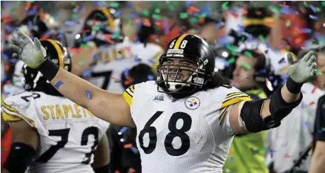  ?? John Bazemore / Associated Press file ?? Pittsburgh’s Chris Kemoeatu celebrates a 27-23 win over the Arizona Cardinals in the 2009 Super Bowl. No team has won more Super Bowls than the Steelers, who have won six times in the 50-year history of the event.