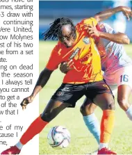  ?? FILE ?? Tivoli’s Rodico Wellington (left) shields the ball from Waterhouse’s Kymani Campbell during a Jamaica Premier League match at Sabina Park on Saturday, March 12.