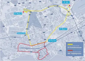  ?? GRAFIK: SSG QUELLE: STADT ?? Die Teststreck­e führt durch Friedrichs­hafen und verbindet zunächst das Forschungs- und Entwicklun­gszentrum (FEZ) von ZF mit dem Werk 2, dem Forum und dem Werk 1 des Unternehme­ns.