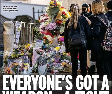  ?? ?? GRIEF Kids look at tributes near school yesterday