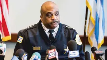  ?? | JAMES FOSTER/ FOR THE SUN- TIMES ?? Police Supt. Eddie Johnson was leaving a West Side police station on March 20 when a girl’s mother stopped him and showed him images of her daughter being attacked by five or six people.