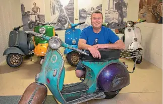  ??  ?? Thornton Peck’s collection of scooters including the 1964 Vespa GS 160 which also made an appearance at his wedding. Photo: JOHN NICHOLSON/FAIRFAX NZ