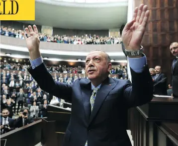  ?? PRESIDENTI­AL PRESS SERVICE VIA AP / POOL ?? Turkey’s president Recep Tayyip Erdogan accused Saudi Arabia of a “savage murder” in a powerful indictment Tuesday. “To cover up such a savagery would hurt the human conscience,” he said.