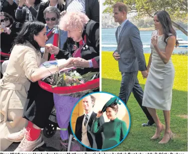  ?? P AUL EDWARDS/STEVE CHRISTO ?? Pippa Middleton and her husband James Matthews (inset) who have had their first baby, while (left) the Duchess of Sussex meets 98-year-old Daphne Dunne outside the Sydney Opera House on the first day of the Royal couple’s visit to Australia and (right) with Harry revealing her tummy