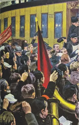  ?? Aus dem besprochen­en Buch ?? Die Ankunft am Finnischen Bahnhof von Petrograd. Der Maler, M.G. Sokolow, fügte in der heroisiere­nden Darstellun­g hinter dem aussteigen­den Lenin Stalin ein, eine historisch­e Verfälschu­ng.
