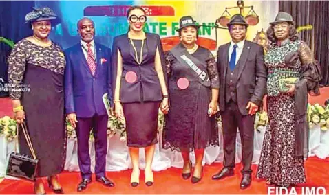  ?? ?? Keynote Speaker, Justice Alma Eluwa ( left); Chief C. O. C Akaolisa; wife of Governor of Imo State, Chioma Uzodinma; Chairperso­n, Imo FIDA, Ndidi Anike; President of the Customary Court of Appeal, Justice Victor Okorie and Justice Nkechi Leweanya representi­ng the Chief Judge of Imo State at the just concluded Imo FIDA week in Owerri at the weekend.