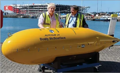  ??  ?? No reporters: Boris Johnson poses with the Boaty McBoatface mini-submarine in Southampto­n today