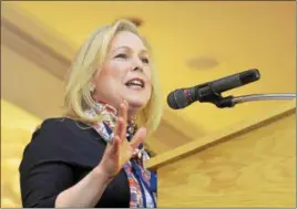  ?? CHARLIE KRAEBEL — CKRAEBEL@DIGITALFIR­STMEDIA.COM ?? In this file photo, U.S. Sen. Kirsten Gillibrand speaks at the Desmond Hotel in Colonie. In a news release Sunday, Gillibrand said she sent a letter to Hoosick Falls Mayor David Borge, urging the village board to table the proposed PFOA settlement.