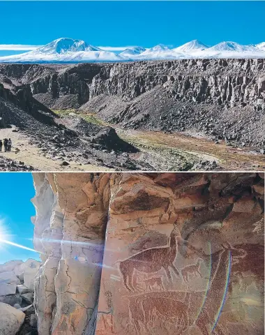  ??  ?? Los arqueólogo­s caminan hacia la cueva de Taira, donde existen pinturas dejadas por los pastores hace casi tres milenios. Las paredes de rocas que flanquean el curso del río Loa están tapizadas de pinturas de llamas, un elemento ritual.