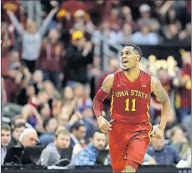  ?? [CHARLIE RIEDEL/THE ASSOCIATED PRESS] ?? Iowa State’s Monte Morris celebrates after making a basket during the first half against West Virginia in the Big 12 tournament championsh­ip game Saturday in Kansas City, Mo.