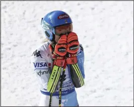  ?? GABRIELE FACCIOTTI — THE ASSOCIATED PRESS ?? Mikaela Shiffrin reacts after taking gold in an alpine ski World Championsh­ips giant slalom on Thursday in Meribel, France.