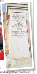  ??  ?? Ancestral tour Bob and Meredith from San Diego (seated) with Wilma Philip from the Genealogy Centre in Blairgowri­e Library. Right, one of the family graves visited