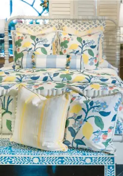  ?? COURTESY PHOTOS ?? Many pillow trim options working together create an elevated look in this designer bedding set.