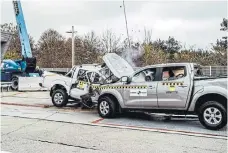  ??  ?? The driver in the badly crumpled Hardbody (white vehicle) would likely have died from their injuries, while the driver from the Navara would have walked away, says Global NCAP.