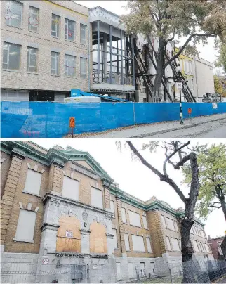  ?? JOHN KENNEY/MARIE-FRANCE COALLIER ?? Top: École Baril, at 3603 Adam St., is undergoing reconstruc­tion. Bottom: The school boarded up in 2013. A group of parents, teachers and school administra­tors are calling on the province to invest $1 billion in infrastruc­ture over the next 10 years to...
