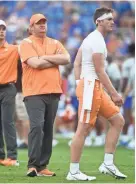  ?? CAITIE MCMEKIN/NEWS SENTINEL ?? Tennessee head coach Josh Heupel watches as Tennessee quarterbac­k Harrison Bailey (15) warms up on Sept. 25.