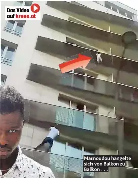  ??  ?? Mamoudou hangelte sich von Balkon zu Balkon . . .