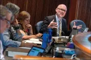  ?? Herald photo by Ian Martens ?? Councillor Blaine Hyggen asks a question during discussion on his motion to rescind the funding for the Six Mile Coulee pathway project during Monday’s council meeting. @IMartensHe­rald